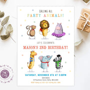 Party animals birthday invitation, 1st birthday zoo circus animals invitation kids party