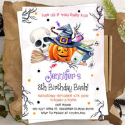 Halloween party invitation for kids, scull, pumpkin, witch party