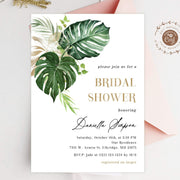 Greenery and gold tropical leaves bridal shower editable invitation