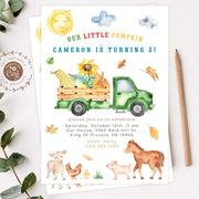 Little Pumpkin farm birthday invitation, green truck, harvest