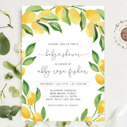 Lemon baby shower invitation, botanical, gender neutral, greenery