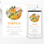 Pumpkin 1st birthday invitation for girl, little pumpkin, floral