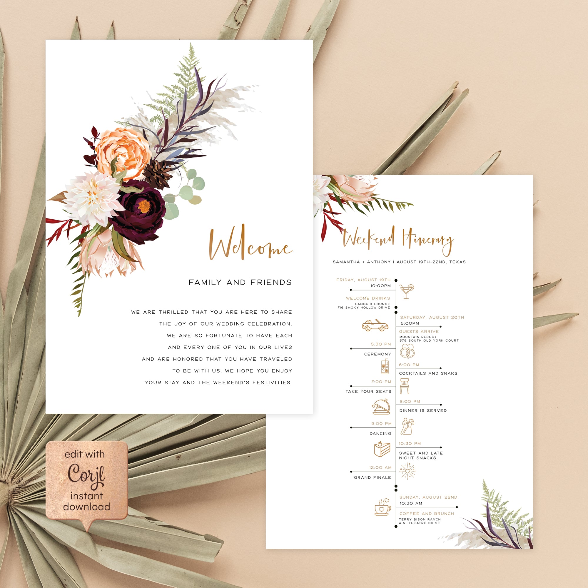 EDITABLE COLOR Wedding Welcome Letter Itinerary Thank You Card