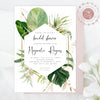 Tropical bridal shower invitation template, greenery, gold, geometric