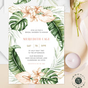 Tropical Bridal Shower Invitation Floral, Blush Greenery Wedding Shower, Beach, Bohemian, Leaves, editable templates