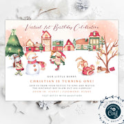 Winter 1st birthday invitation, Virtual Christmas birthday invitation for kids, Zoom holiday invitation template