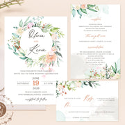 Peach blush wedding invitation suite with wedding details and RSVP