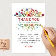 Wildflower Thank You Card Template, Wildflower Birthday Party Favor Card