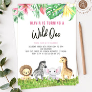 Wild one birthday girl invitation, Safari Animals Invite, Tropical 1st Birthday, Jungle, editable templates