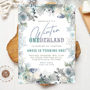 Onederland 1st Birthday Invitation, Winter wonderland, snowflake birthday, floral