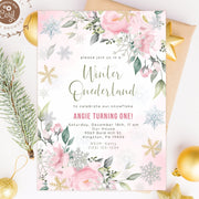 Winter Onederland Invitation girl, Snowflake 1st birthday, Winter 1st birthday invitation, Floral winter ONEderland, Blush pink and glitter