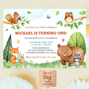 Animals Birthday Invitation Template, Woodland Invite, Kid Birthday Invitation Summer