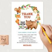 Forest Animals Thank You Card Template, Woodland Birthday Party Favor Card